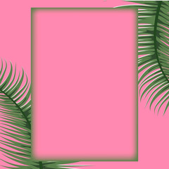 Tropical palm leaves frame botanical vector illustration. Gradient frame.Exotic nature card or banner with frame for text isolated on pink background. Jungle green leaf floral pattern. Tropical palm
