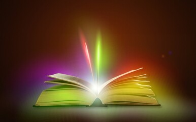 Magical image of open book over wooden table with glitter lights