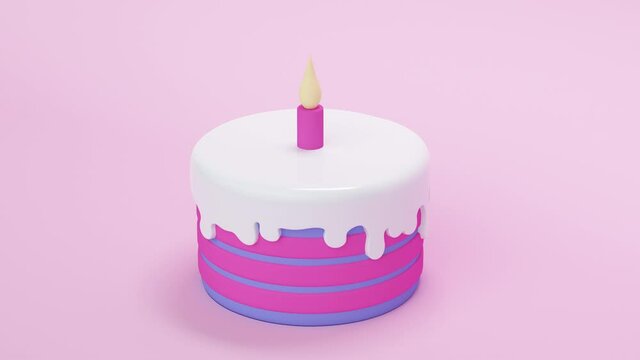 Lilac sweet cake with frosting and candle. Abstract animation