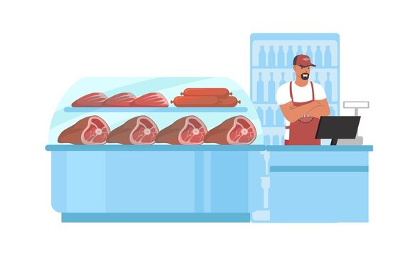 Meat store, farm food market. Supermarket, grocery store meat section. Butchers shop, vector illustration.