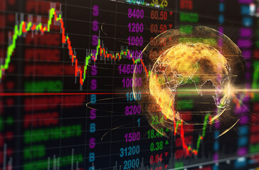 Abstract planet earth particle over the Stock market chart,Closeup Stock market exchange data on LED display, business and technology trading concept