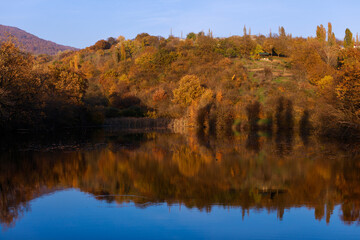 Fall scenic landscape, lake and trees