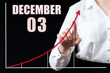 Businesswoman's hand pointing to the graph and a calendar with the date of 3 december. Business goals for the day.