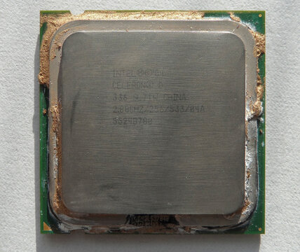 kazakhstan, Ust-Kamenogorsk, november 15, 2021: Old CPU socket 775 on a white background. Intel Celeron D 336 Prescott. Old thermal interface material