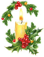 Watercolor Christmas illustrations on white background. Collection of Christmas decor. 