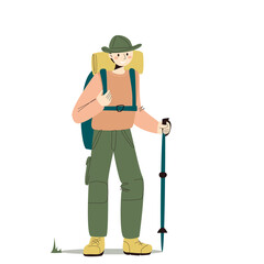 A young man with a backpack and a hat was going on a hiking trip. Outdoor activities. Vector hand-drawn illustration on a white background