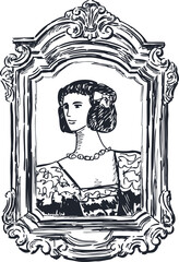 Hand drawing of portrait noble lady in ornate frame in vintage style