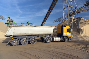 Gravel pit: building and wheel loader loading gravel onto a truck