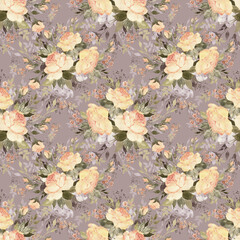 Floral abstract seamless pattern drawn delicate bouquets of roses with herbs . Beautiful print for decoration of textiles and design. Flower background. Art drawing for surface. Tenderness decor.