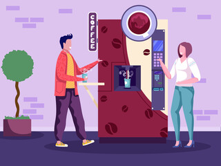 Happy characters chat, relax and drink hot black coffee from vending machine during work time in office kitchen. Cartoon employee couple enjoying aromatic drinks. Colorful vector illustration.