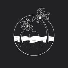 Palm trees, sunset and the sea in a circle. A hand-drawn vector. For prints on T-shirts, posters and other purposes.