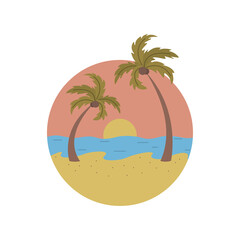 Palm trees, sunset and the sea in a circle. A hand-drawn vector. For prints on T-shirts, posters and other purposes.