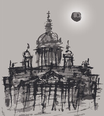 Vector watercolor abstract brush drawing of ancient cathedral in moonlit night