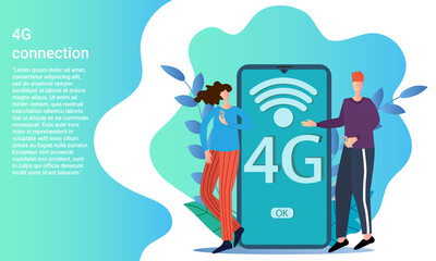 4G connection.New generation communication, The concept of modern means of communication and new technologies.People on the background of a smartphone with a 4G connection.Poster in business style.Fla
