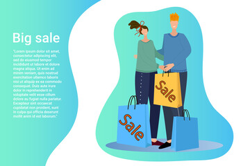 Big sale.People with numerous packages are standing next to purchases.Poster in business style.Flat vector illustration.