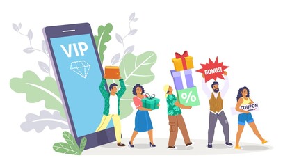 Earn points, bonuses, discount coupons for online purchases, Customer reward loyalty program, buyers attraction, vector. - obrazy, fototapety, plakaty