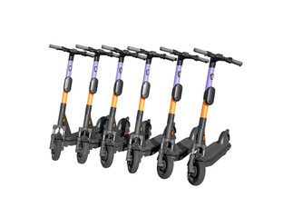 Group of electric kick scooters in row isolated on white background