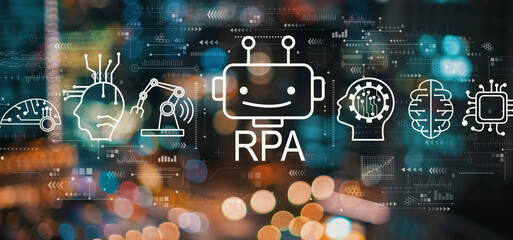 Robotic Process Automation RPA theme with blurred city abstract lights background