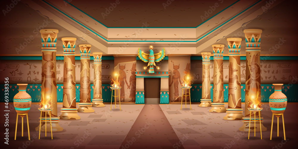 Wall mural egypt temple game background, vector ancient pharaoh pyramid tomb interior, old stone column, vase. 