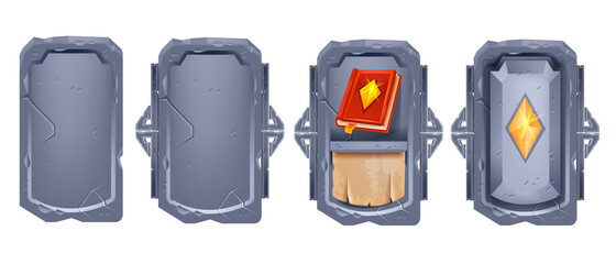 Stone card game set, vector fantasy magic RPG interface background, UI panel board, deck item frame. Medieval achievement panel, equipment object, old book, crystal gem. Grey card game kit on white