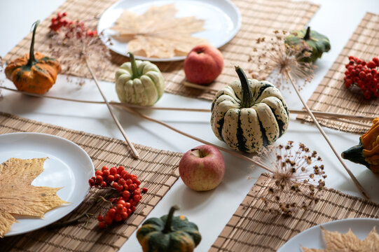 small pumpkins and dry brown maple leafs on white plates, autumn dinner table decors