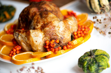 Traditional festive dinner with delicious roasted turkey served on table