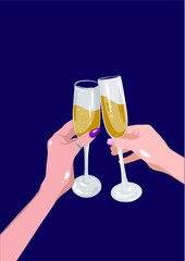 Two hands with glasses of champagne clink glasses. Holidays, New Year's party