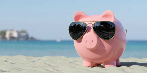 Piggy Bank With Sunglasses On The Beach Holiday