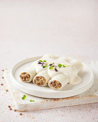 Gluten free plant based cannelloni with quinoa and lentils, vegan bechamel , light background. Macrobiotic diet. Meat alternative Vegetarian food concept.