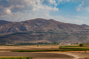 Yellow dry valley with freshly harvested hay bales, other green fields, mountains and blue sky. Dots of dark green tree foliage. Agriculture and farming in Turkey