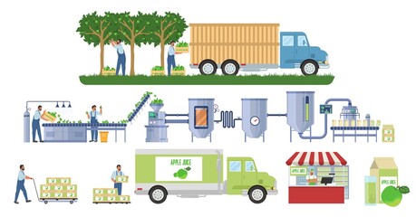 Apple juice production vector infographic. Fruit harvesting. Juice factory processing line, distribution. Food industry.