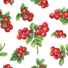 Seamless pattern with Cowberry red berries (Vaccinium vitis-idaea, lingonberry, mountain cranberry). Watercolor hand drawn painting illustration isolated on white background.