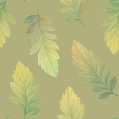 Fototapeta na wymiar Abstract botanical pattern. Leaves on an abstract background. Bright background for design, wallpaper, wrapping paper, scrapbooking. Leaves painted with watercolors and digitally processed.