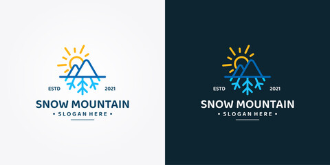 Hot and cold symbol. adventure logo. Sun, mountain and snowflakes all season concept logo. Premium Vector