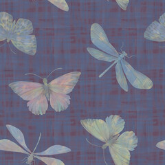 Abstract botanical pattern. Butterflies on an abstract background. Bright background for design, wallpaper, wrapping paper, scrapbooking. Butterflies painted with watercolors and digitally processed.
