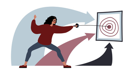 A woman with glasses hits the target with a rapier. The concept of business goals and plans for life. Color vector illustration isolated on a white background in a cartoon and flat design.