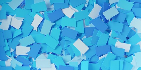 Heap of many blue speech bubbles or balloons flat lay top view from above, social network communicationor group chat concept