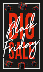 Black Friday Big Sale. black gifts boxes with red ribbons. white frame. black background white text lettering. vertical banner, poster, header website. vector illustration