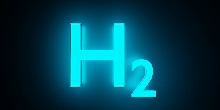 Blue glowing hydrogen H2 symbol over black background, clean energy or chemistry concept