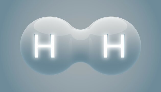 Single abstract white hydrogen H2 molecule over blue gradient background, clean energy or chemistry concept