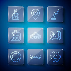 Set line Car tire wheel, Wrench spanner, Gear, Windscreen wiper, Speedometer, shifter, mechanic and Tow truck icon. Vector