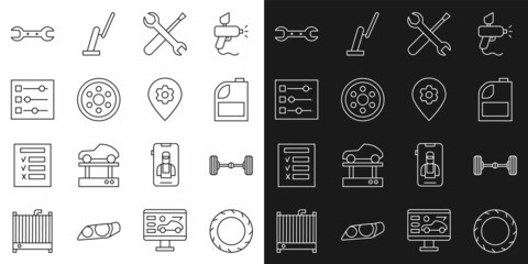 Set line Car tire wheel, Chassis car, Canister for motor machine oil, Screwdriver and wrench spanner, Alloy, settings, Wrench and Location with service icon. Vector