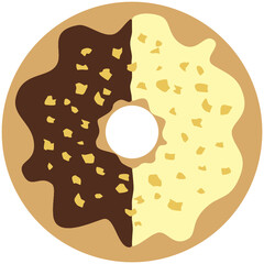 Round circular doughnut graphic with hole. Chocolate brown and cream yellow divided frosting, half and half, with nuts cookie crumbs sprinkles. Layered SVG illustration