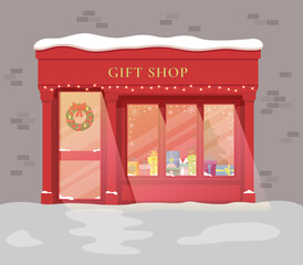 Storefront Christmas window filled with presents and tree. decorations. Christmas shop window. Flat design.