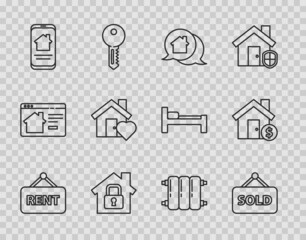 Set line Hanging sign with Rent, text Sold, Real estate message house, House under protection, Online real, heart shape, Heating radiator and dollar symbol icon. Vector
