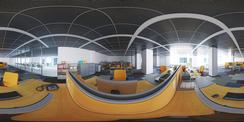 Pano VR 360 °, large office with desk and meeting room, 3d rendering, 3d illustration 