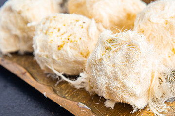 cotton candy pismaniye turkish sweets nut and pistachio dessert sweet dessert meal snack copy space food background 