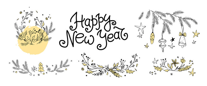 Collection of Christmas holiday floral arrangements and hand written Happy New year congratulation text isolated. Vector hand drawn doodle illustration. For prints, cards, holiday decor.
