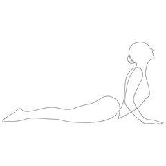Woman doing exercise yoga Cobra Pose or Bhujangasana. Continuous line drawing. Vector illustration