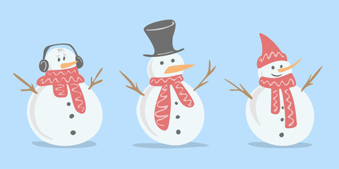The collection of snowman. flat hand drawn style Vector clipart on the blue background.